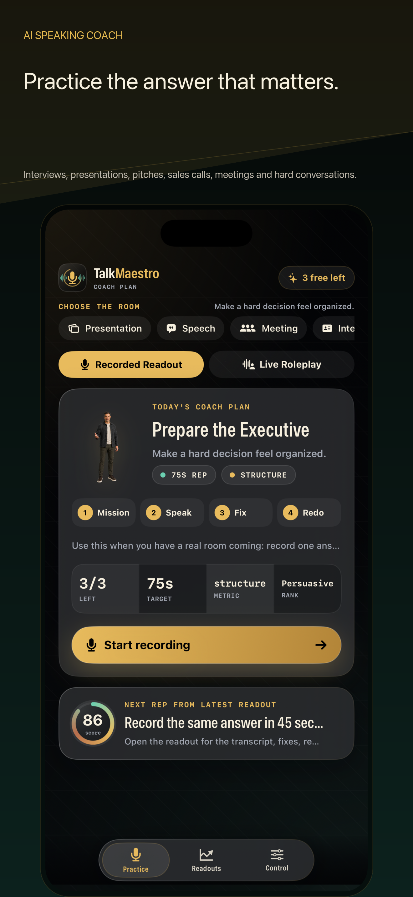 TalkMaestro practice room and coach plan
