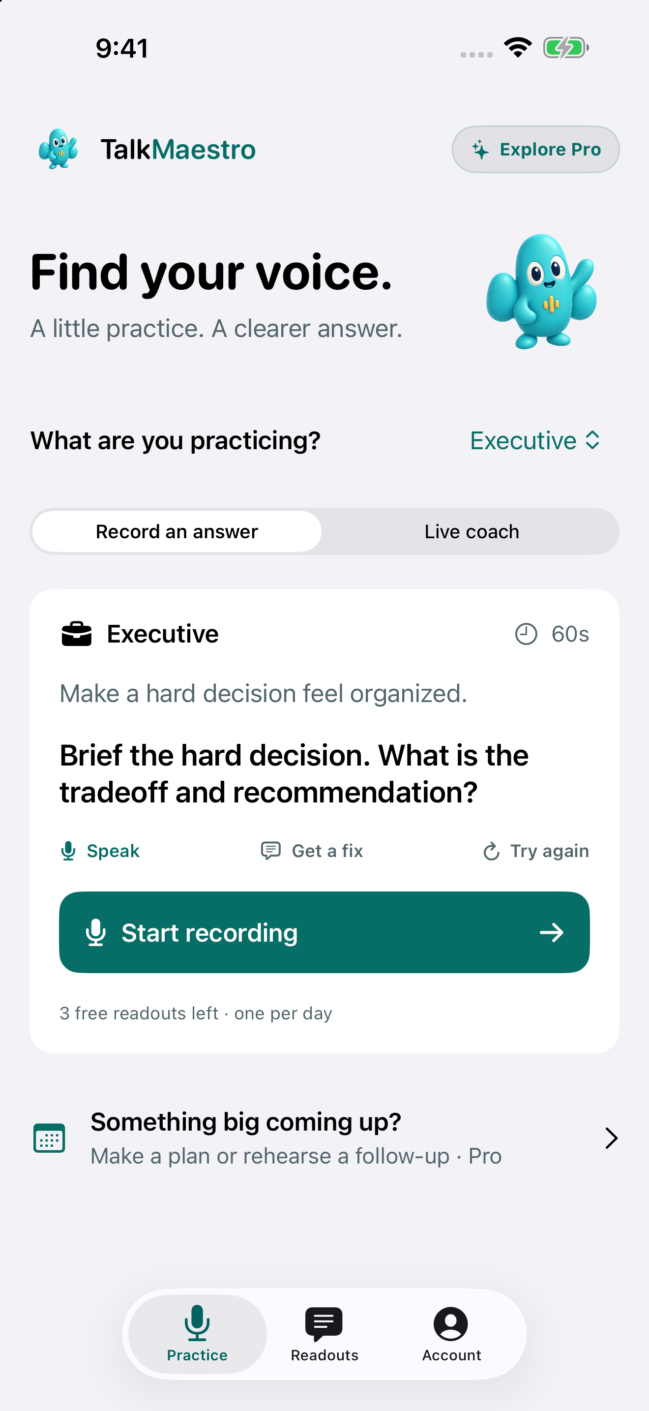 TalkMaestro practice screen with a speaking question and recording controls