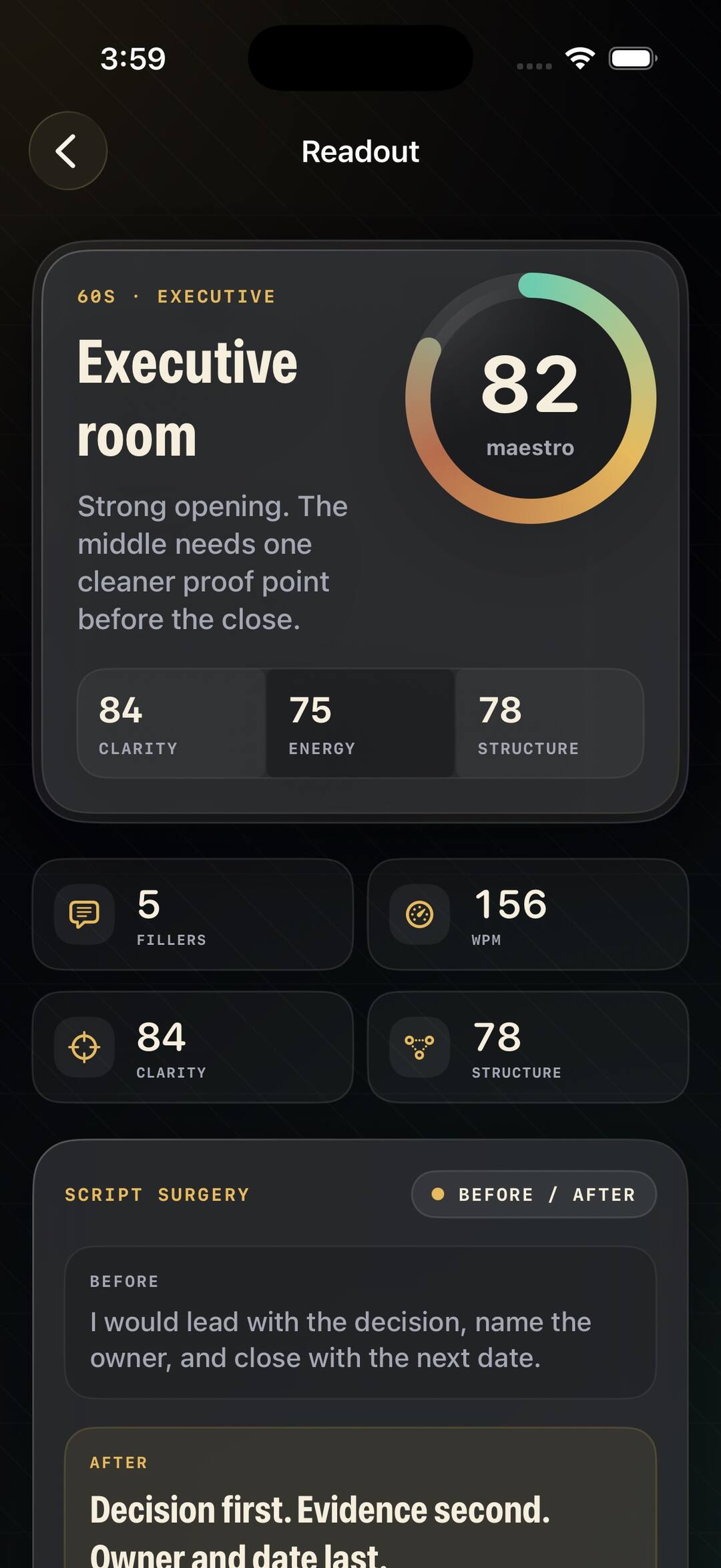 TalkMaestro readout screen showing coaching feedback